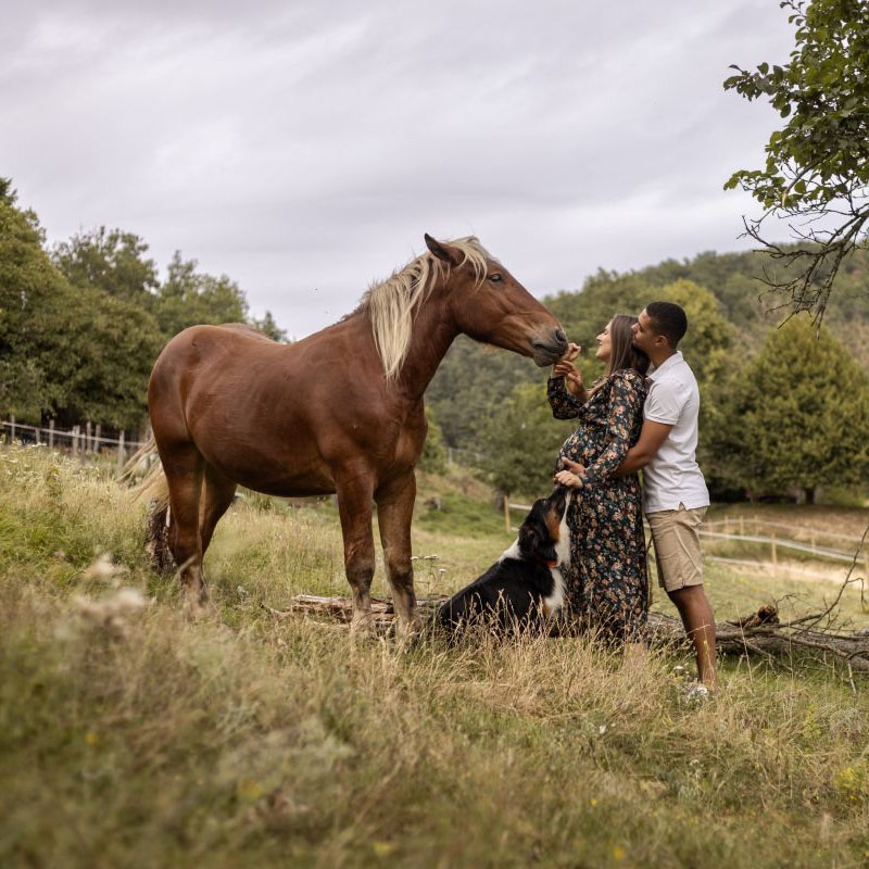 Couple avec leur chien et leur cheval
