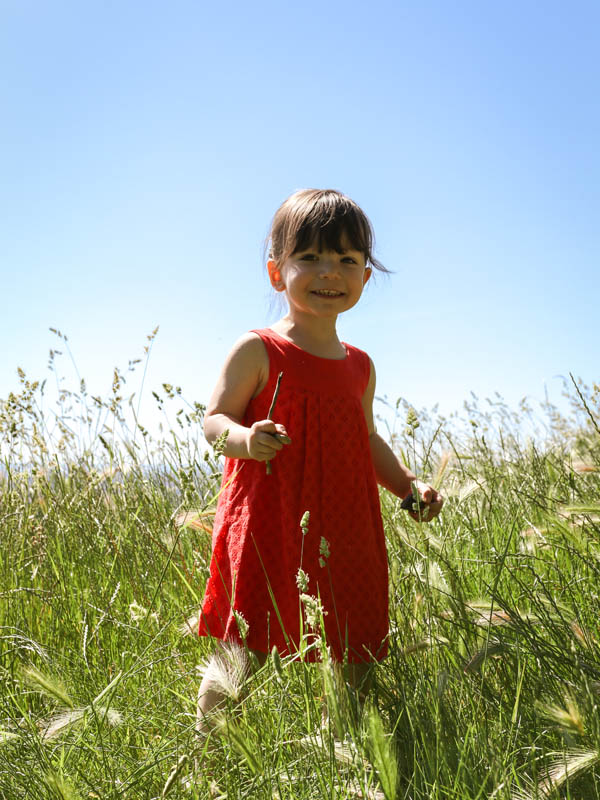 Fillette en robe rouge dans un champ